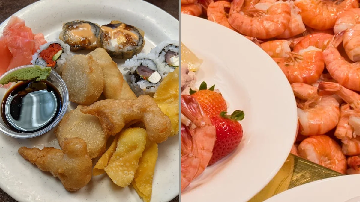 Buffet tables with sushi and hibachi stations.