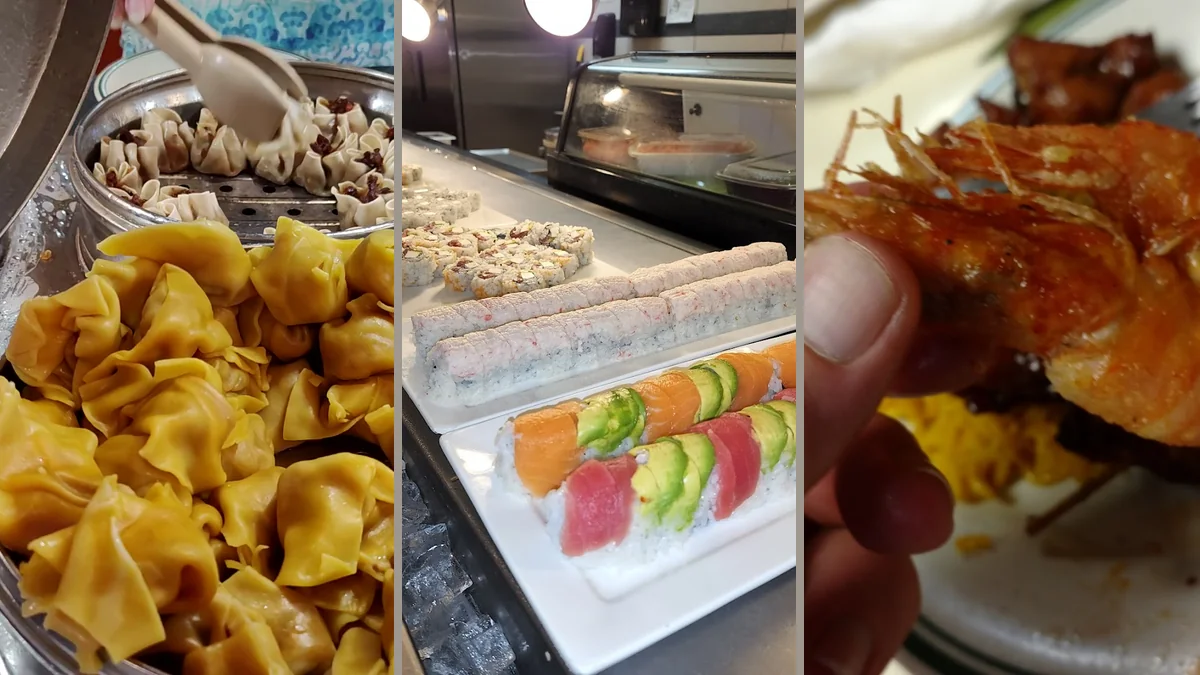 Asian buffet spread with salad bar and desserts.