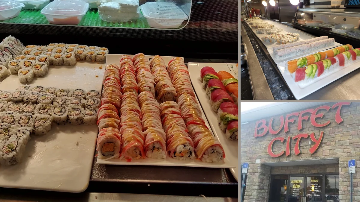 Asian buffet spread with salad bar and desserts.
