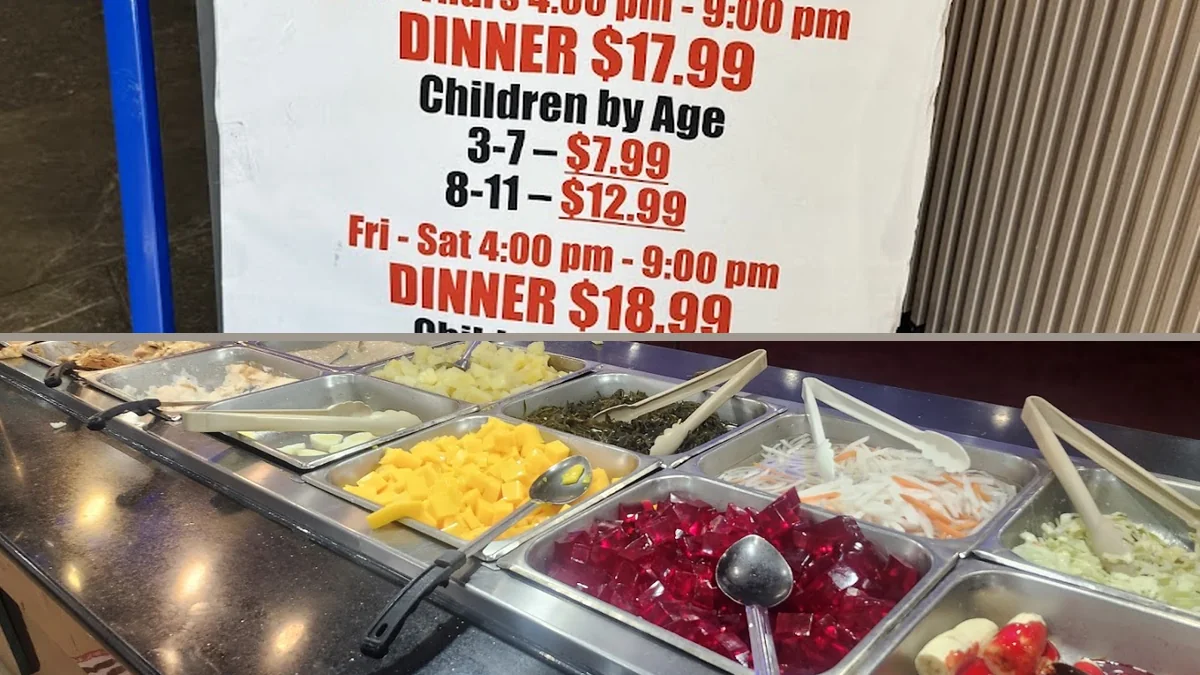 Modest decor inside a busy buffet restaurant.