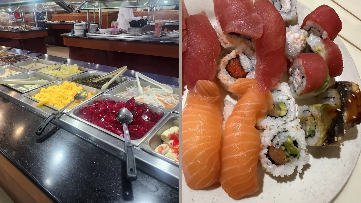 Modest decor inside a busy buffet restaurant.