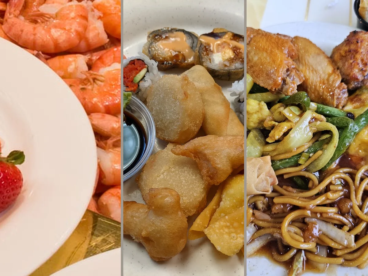 Buffet tables with sushi and hibachi stations.